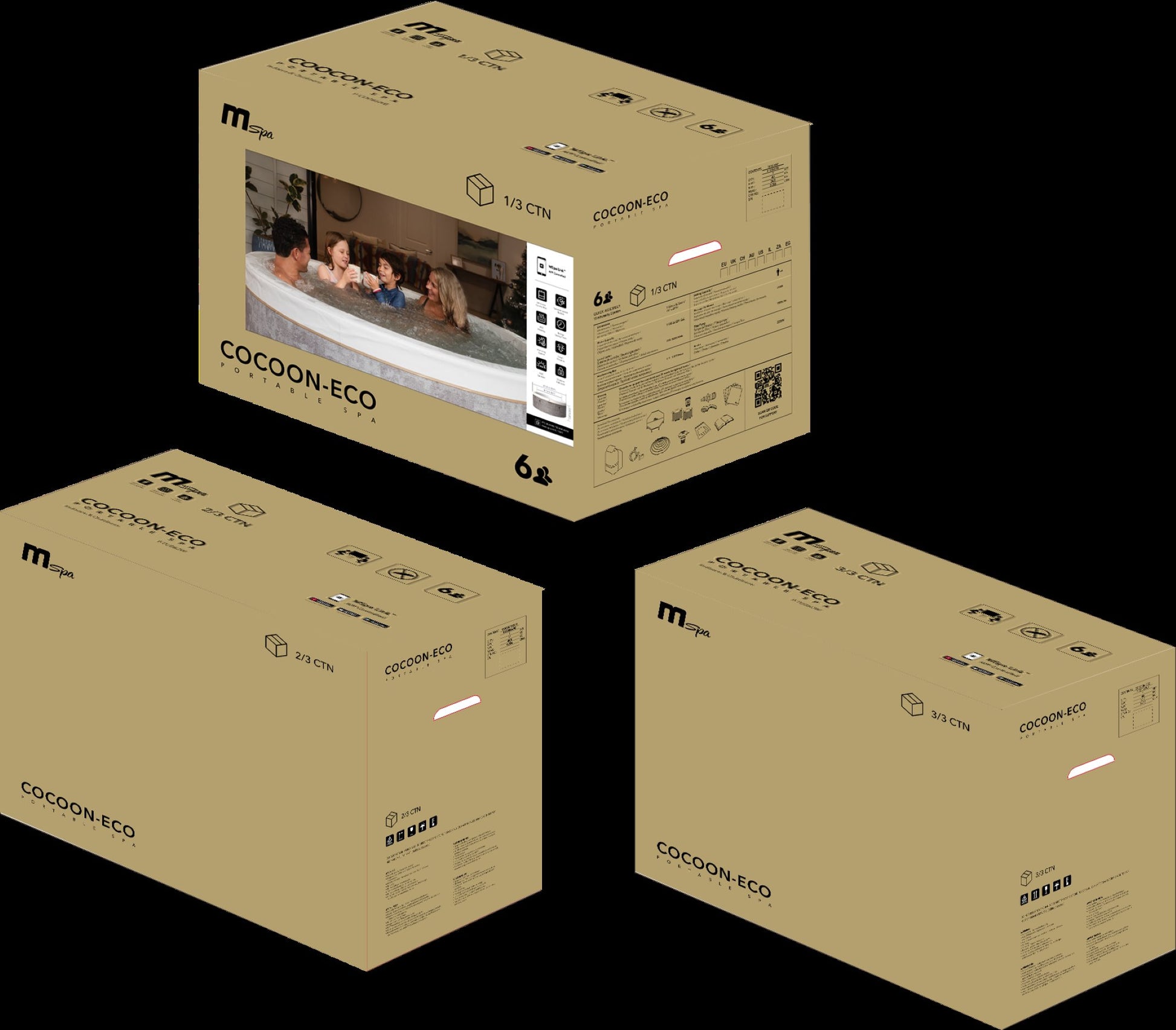 MSpa 'Cocoon Eco' component packaging on a black background. - Luxe Tub Source