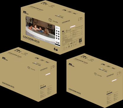 MSpa 'Cocoon Eco' component packaging on a black background. - Luxe Tub Source