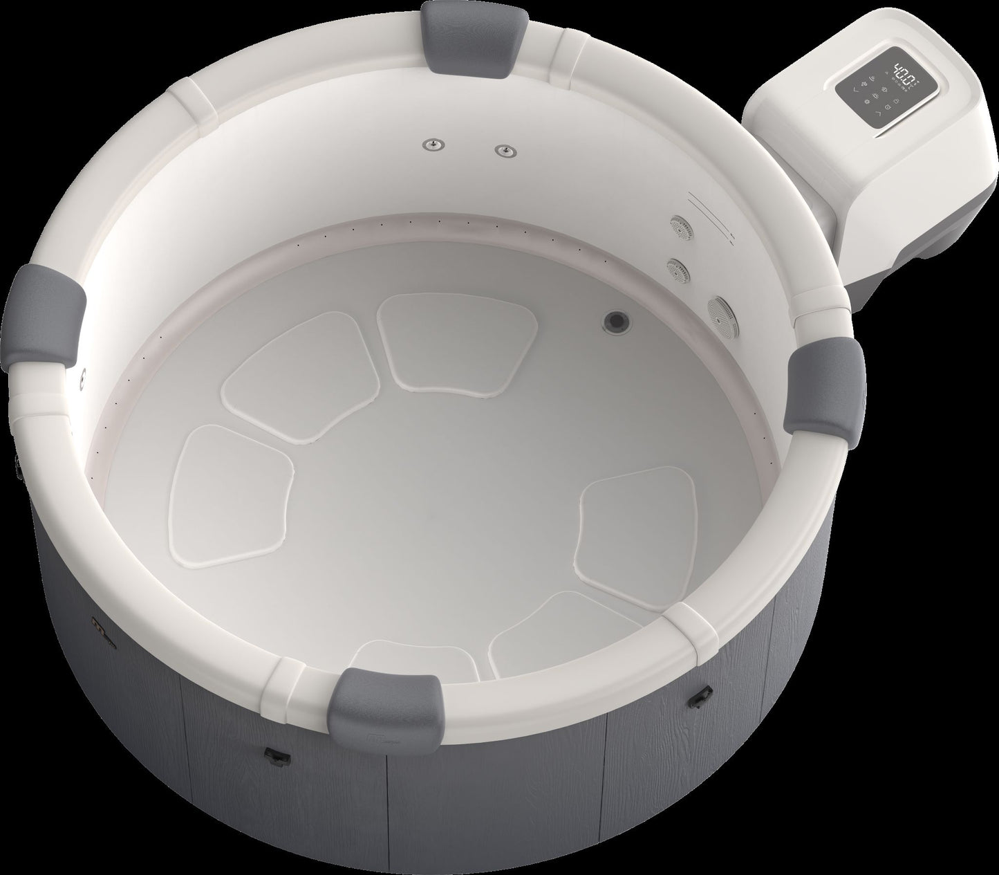 Top view of a hot tub with white interior and grey exterior.