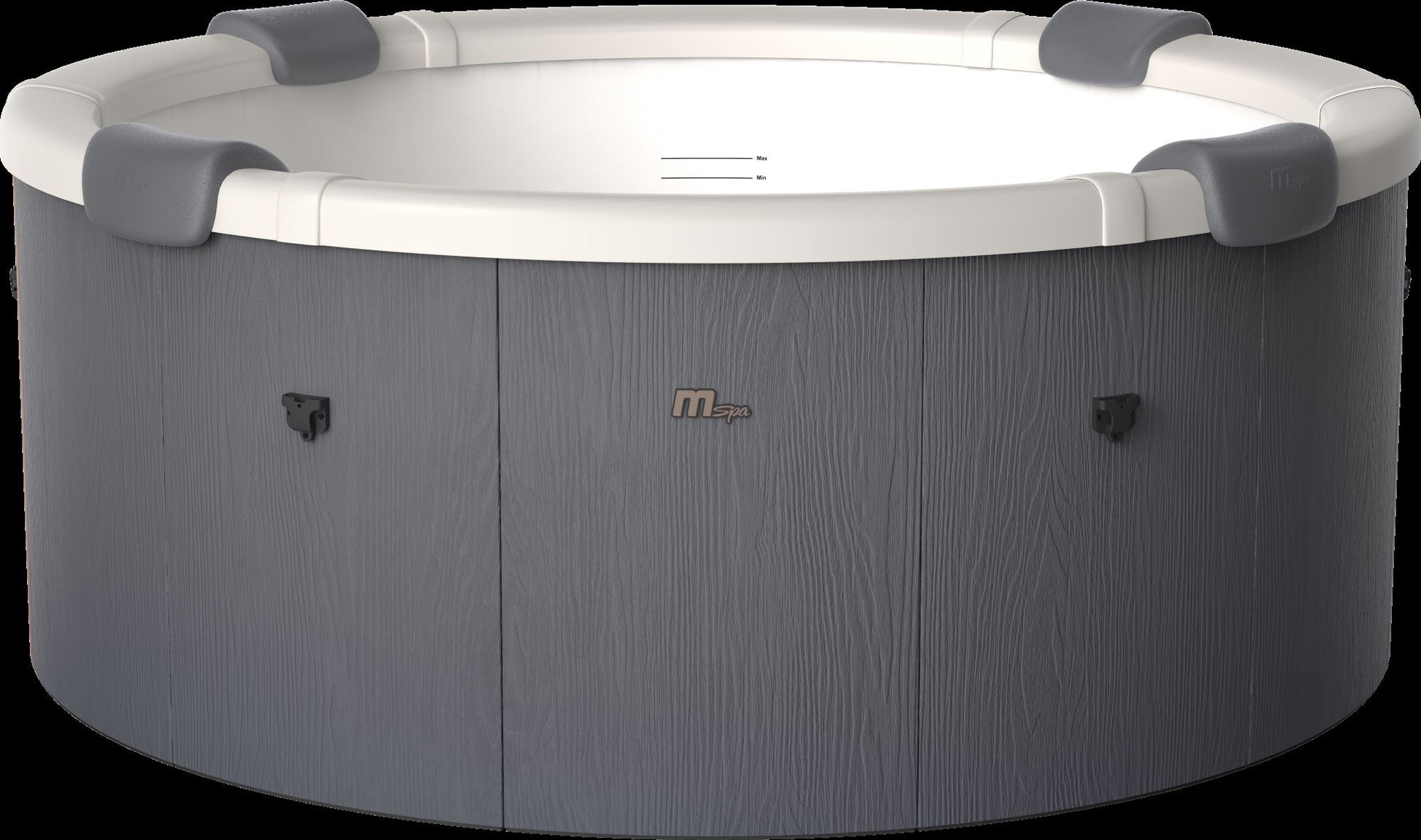 Hot tub with gray exterior and white interior on a black background