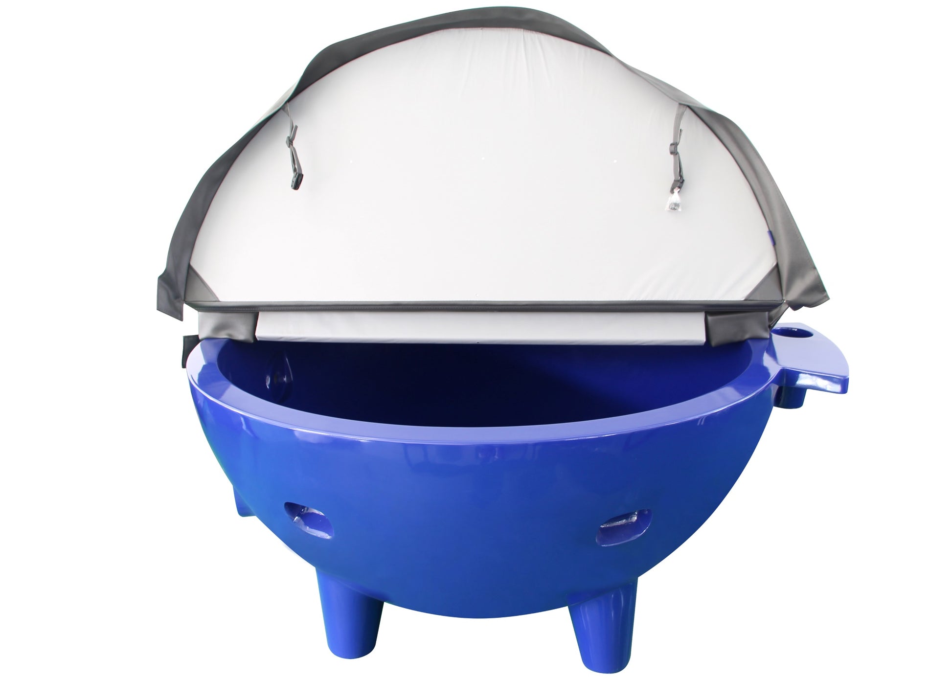 ALFI Brand Blue Outdoor Wood-Burning Hot Tub with hot cover lifted up - Luxe Tub Source