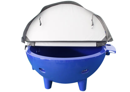 ALFI Brand Blue Outdoor Wood-Burning Hot Tub with hot cover lifted up - Luxe Tub Source