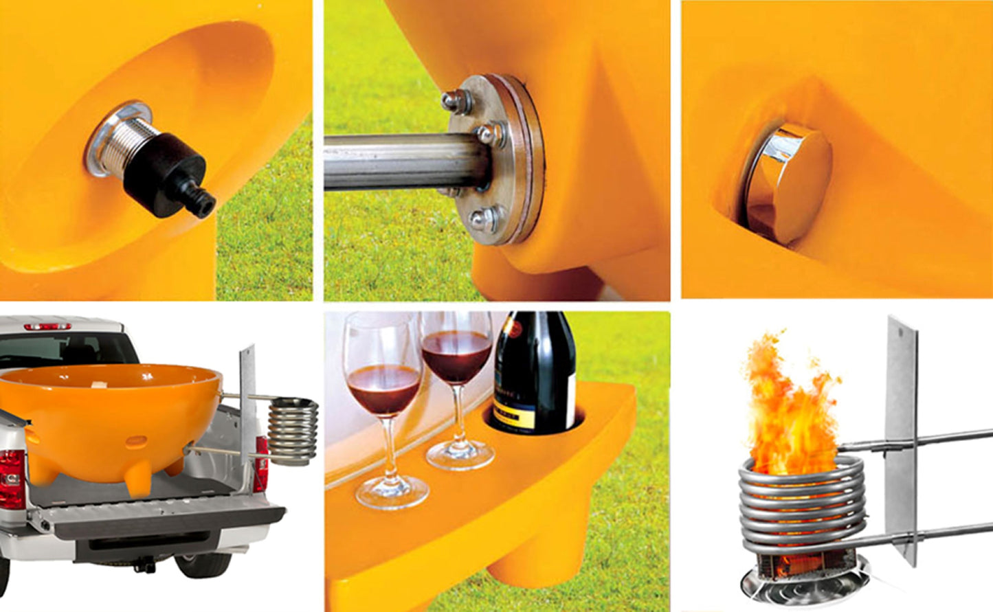 ALFI Brand Collage of a portable wood-burning hot tub with wine glasses and a truck, featuring close-up details.