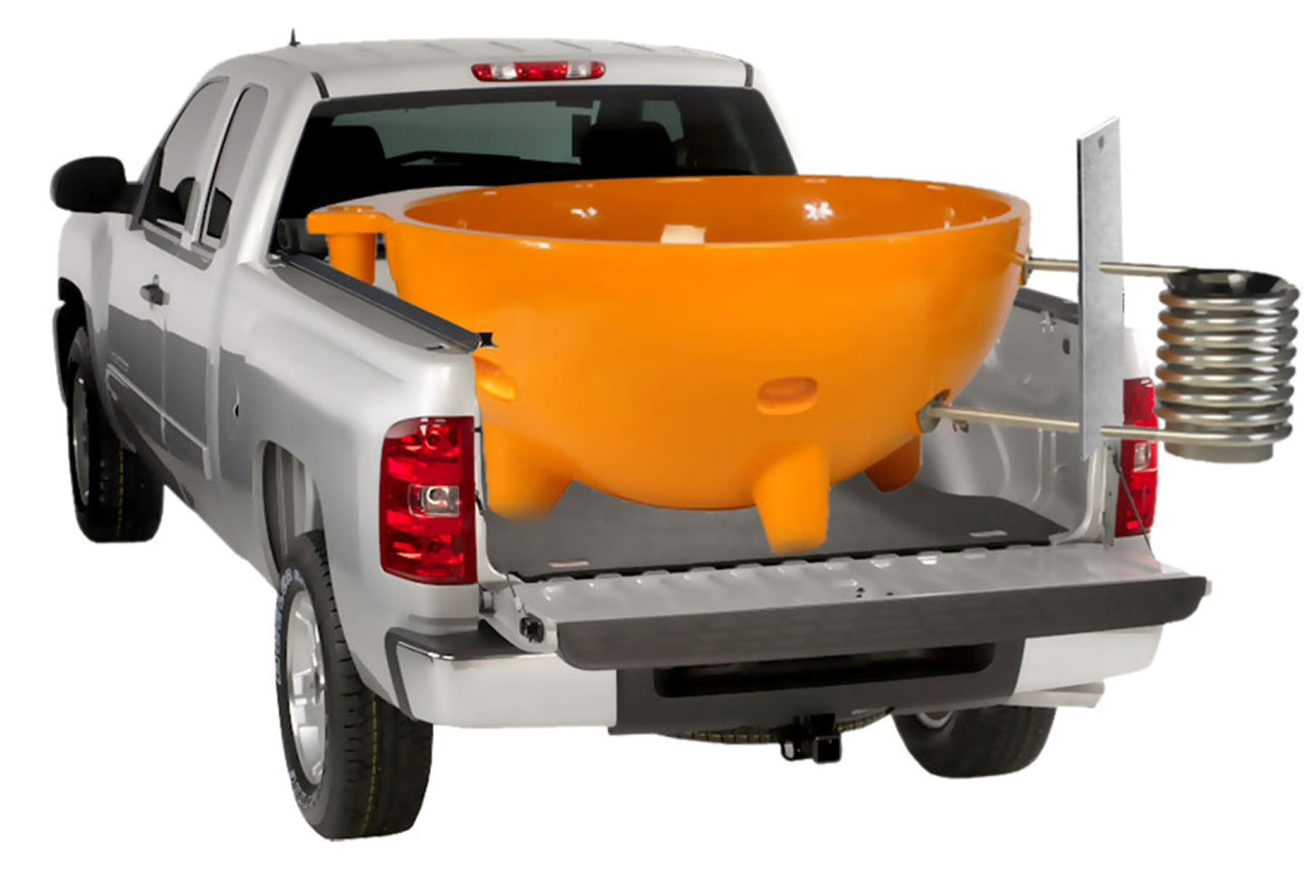 ALFI Brand Orange Outdoor Wood-Burning Hot Tub being carried on the back of a pick up truck - Luxe Tub Source