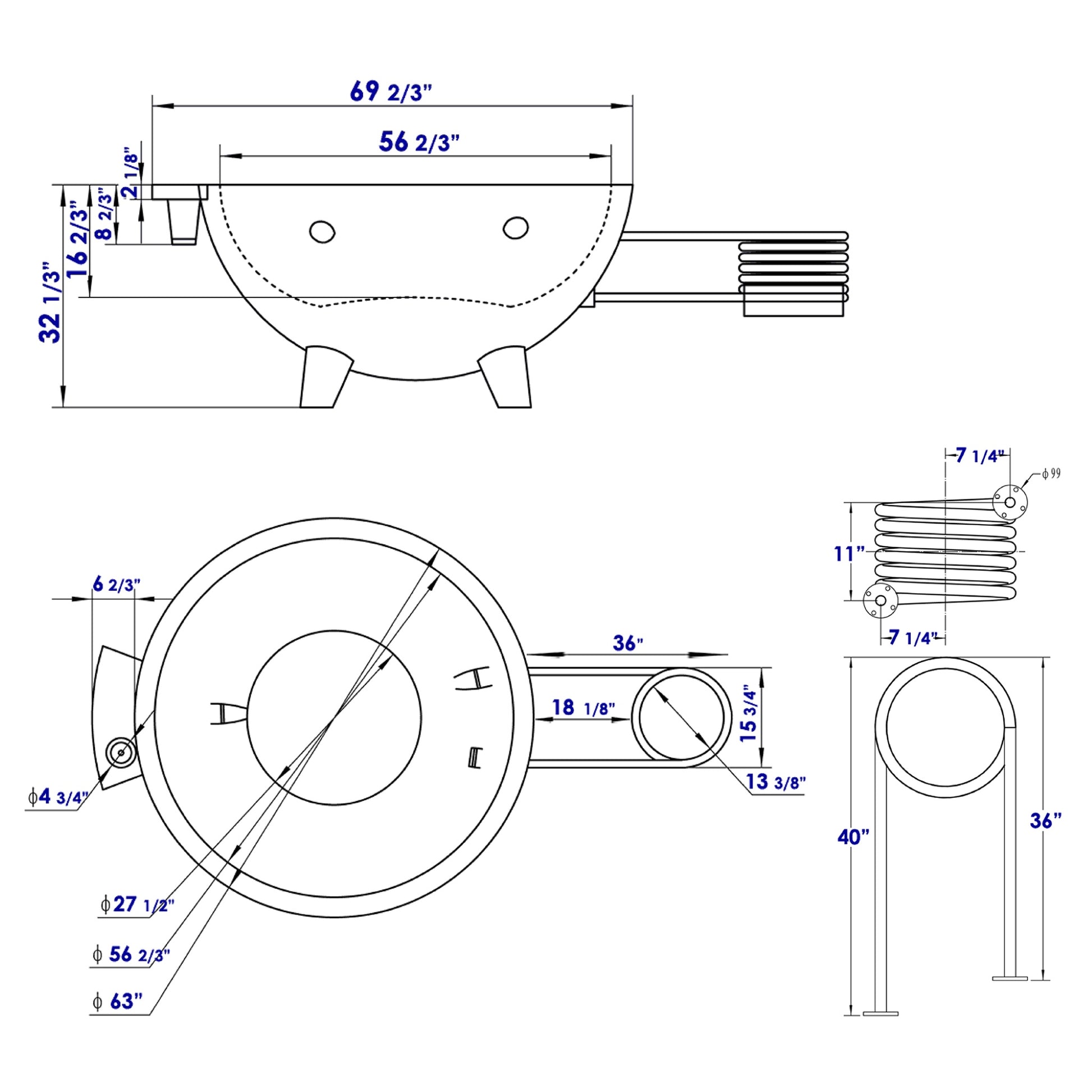 ALFI Brand Wood Burning Hot Tub technical drawing of mechanical components with dimensions - Luxe Tub Source