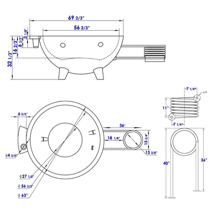 ALFI Brand Wood Burning Hot Tub technical drawing of mechanical components with dimensions - Luxe Tub Source