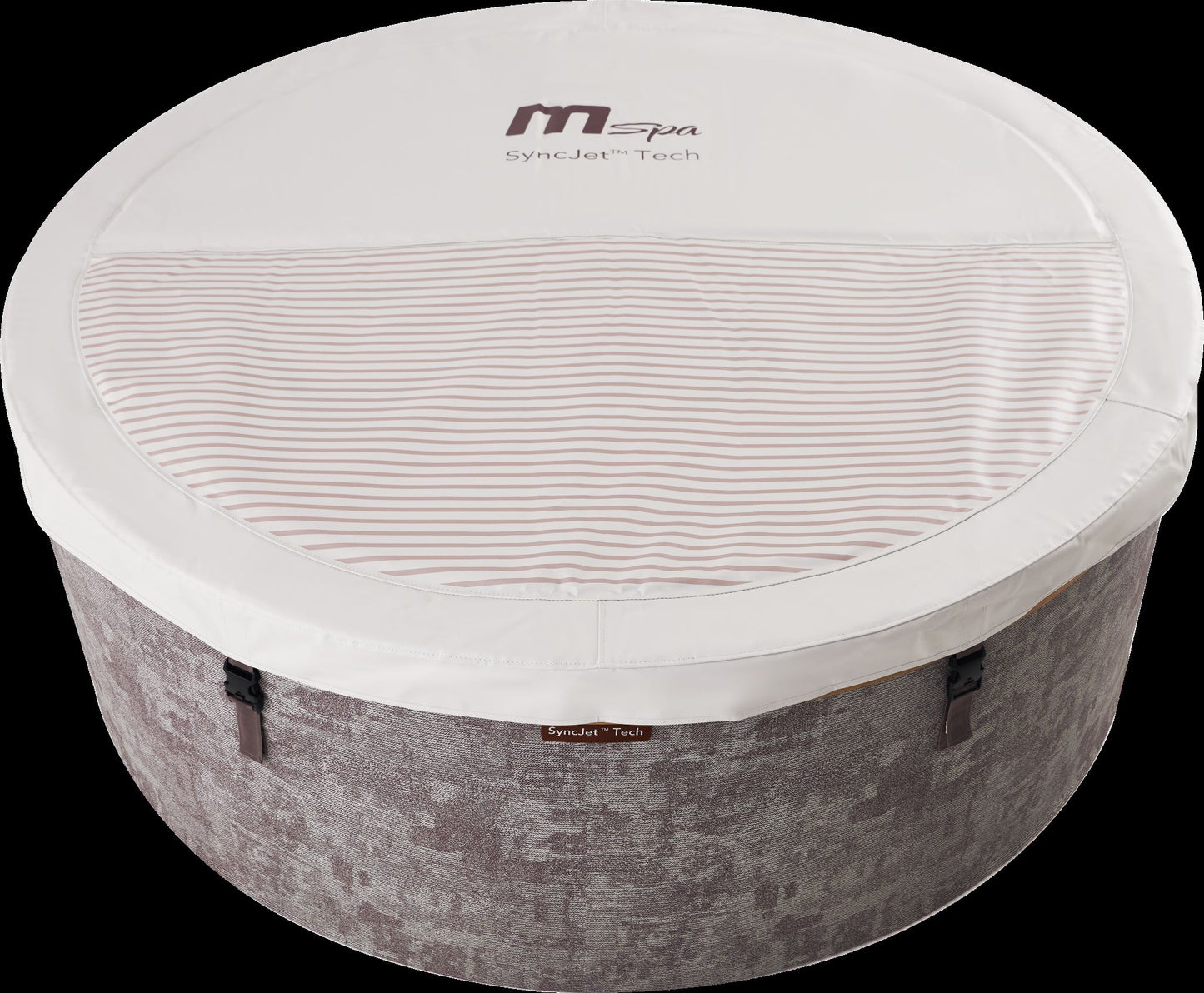 MSpa Round hot tub with white cover and gray base on a white background. - Luxe Tub Source