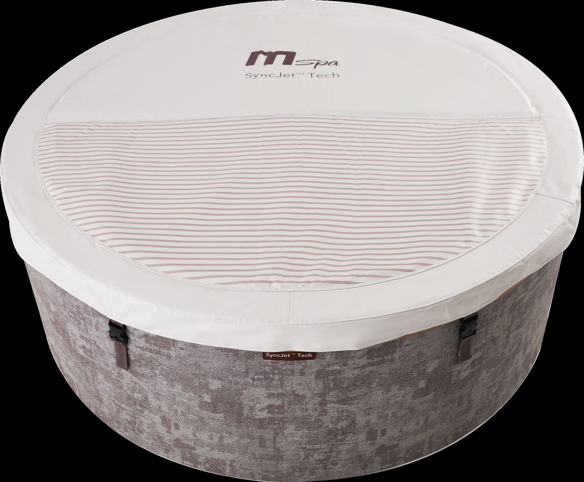 MSpa Round hot tub with white cover and gray base on a white background. - Luxe Tub Source