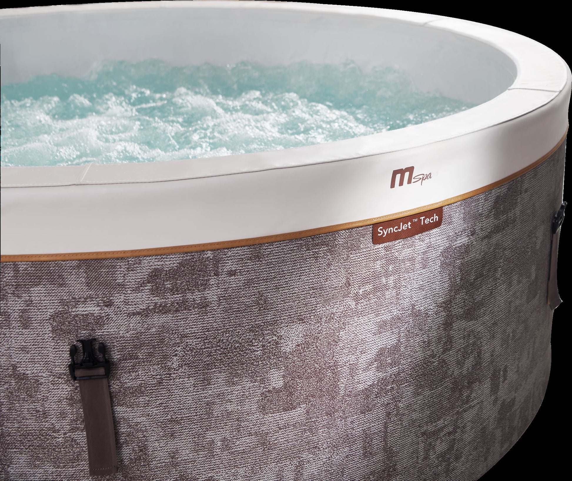 MSpa Hot tub with swirling water and 'mspa' branding on a black background. - Luxe Tub Source