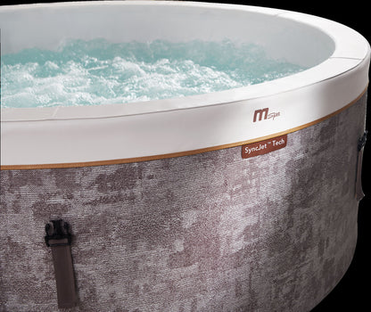 MSpa Hot tub with swirling water and 'mspa' branding on a black background. - Luxe Tub Source