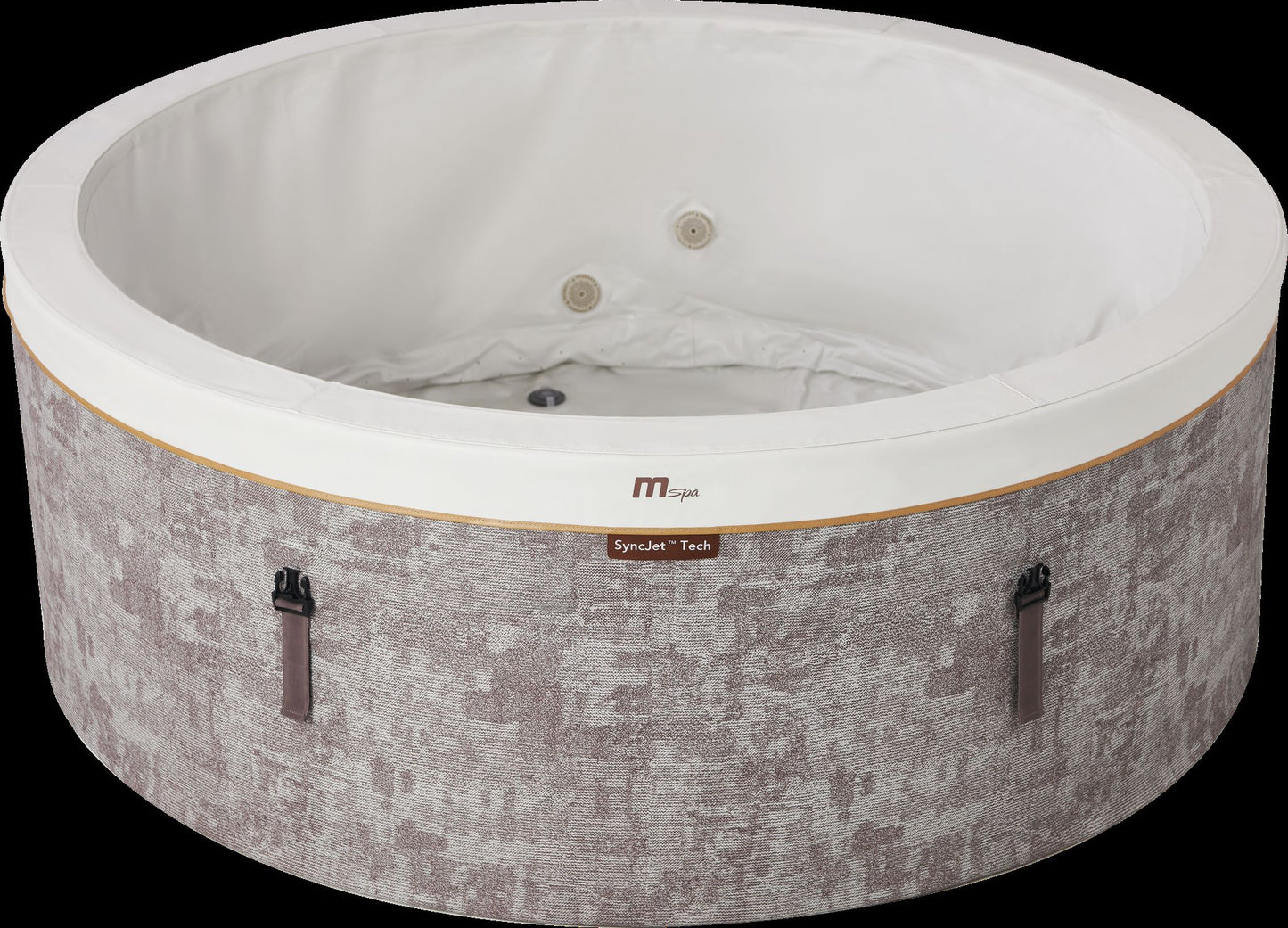 MSpa Round hot tub with white interior and patterned exterior on a black background. - Luxe Tub Source