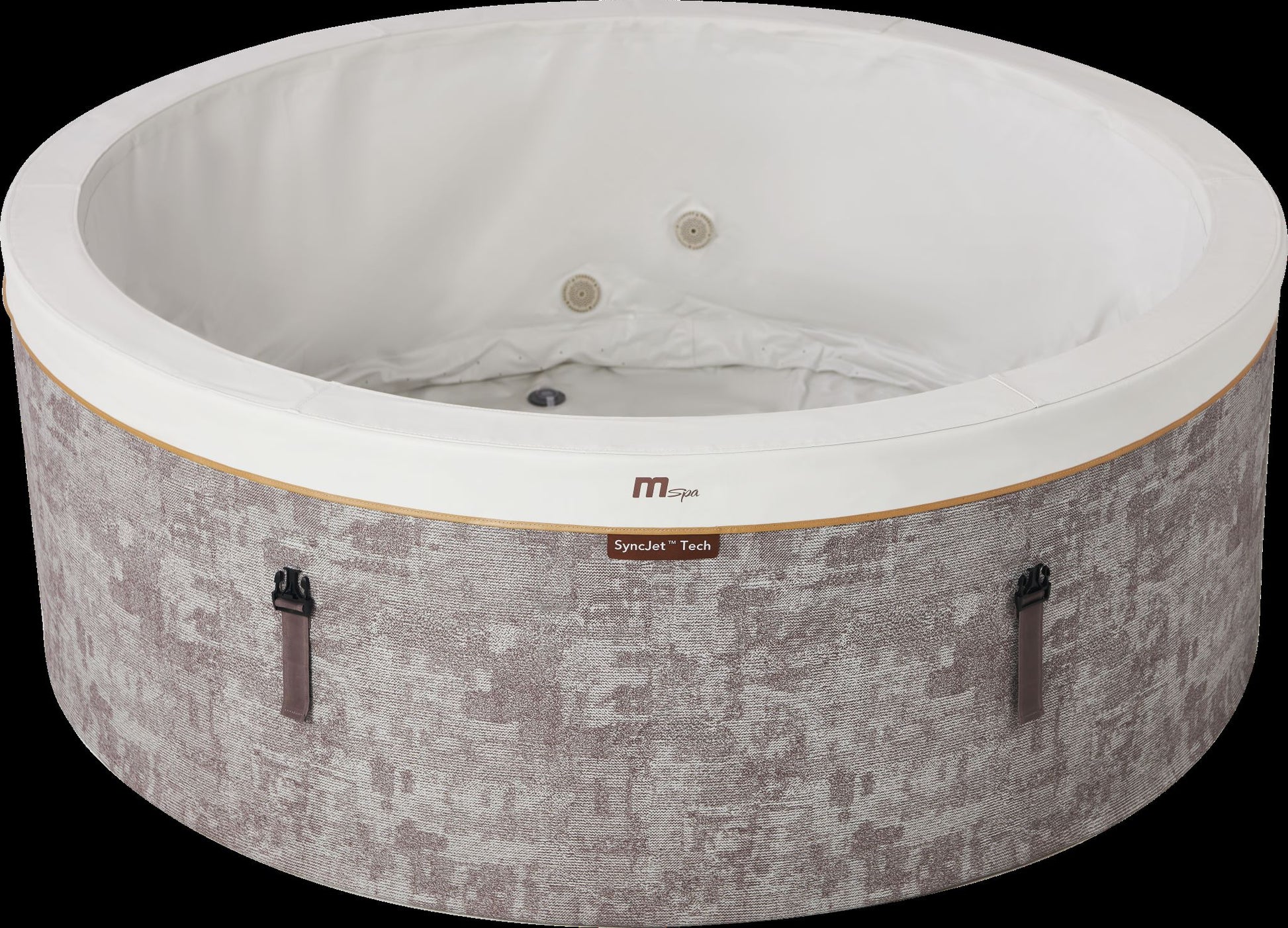 MSpa Round hot tub with white interior and patterned exterior on a black background. - Luxe Tub Source