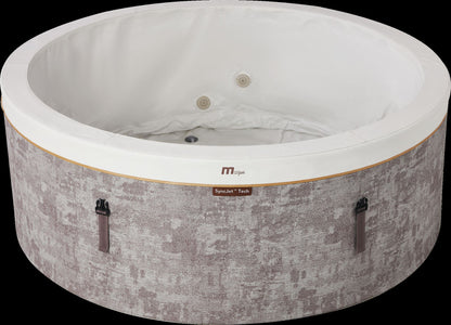 MSpa Round hot tub with white interior and patterned exterior on a black background. - Luxe Tub Source