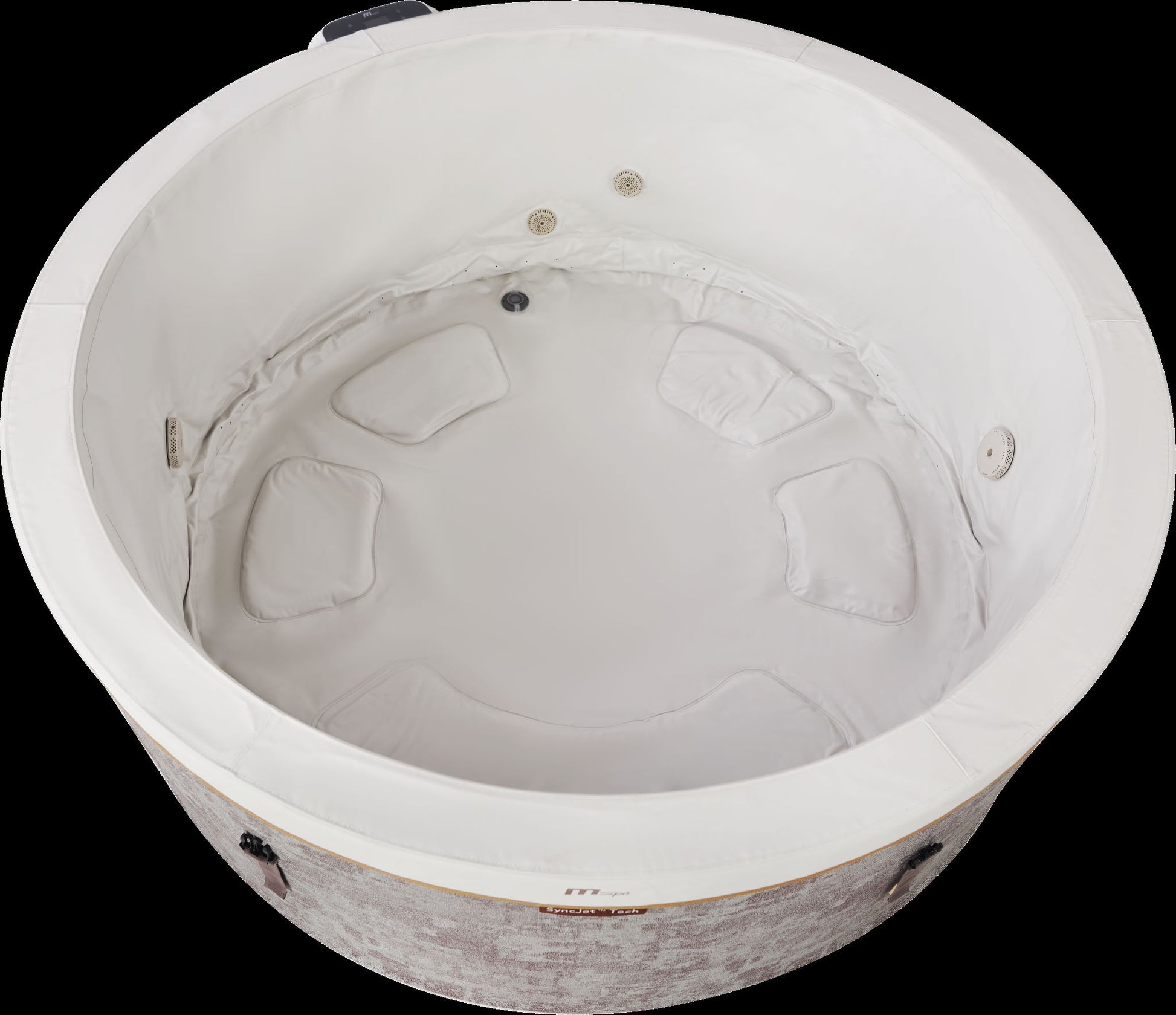 MSpa Top view showing a hot tub with grey exterior and white interior.  - Luxe Tub Source