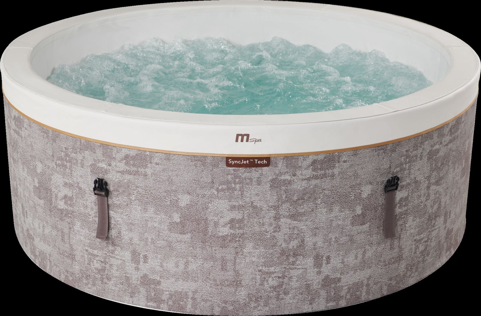 MSpa Hot tub with bubbling water and 'Mspa' branding on a white background. - Luxe Tub Source
