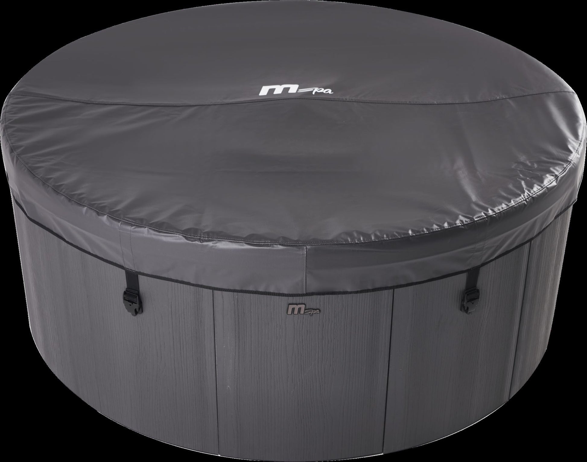 Round inflatable hot tub with cover on a white background