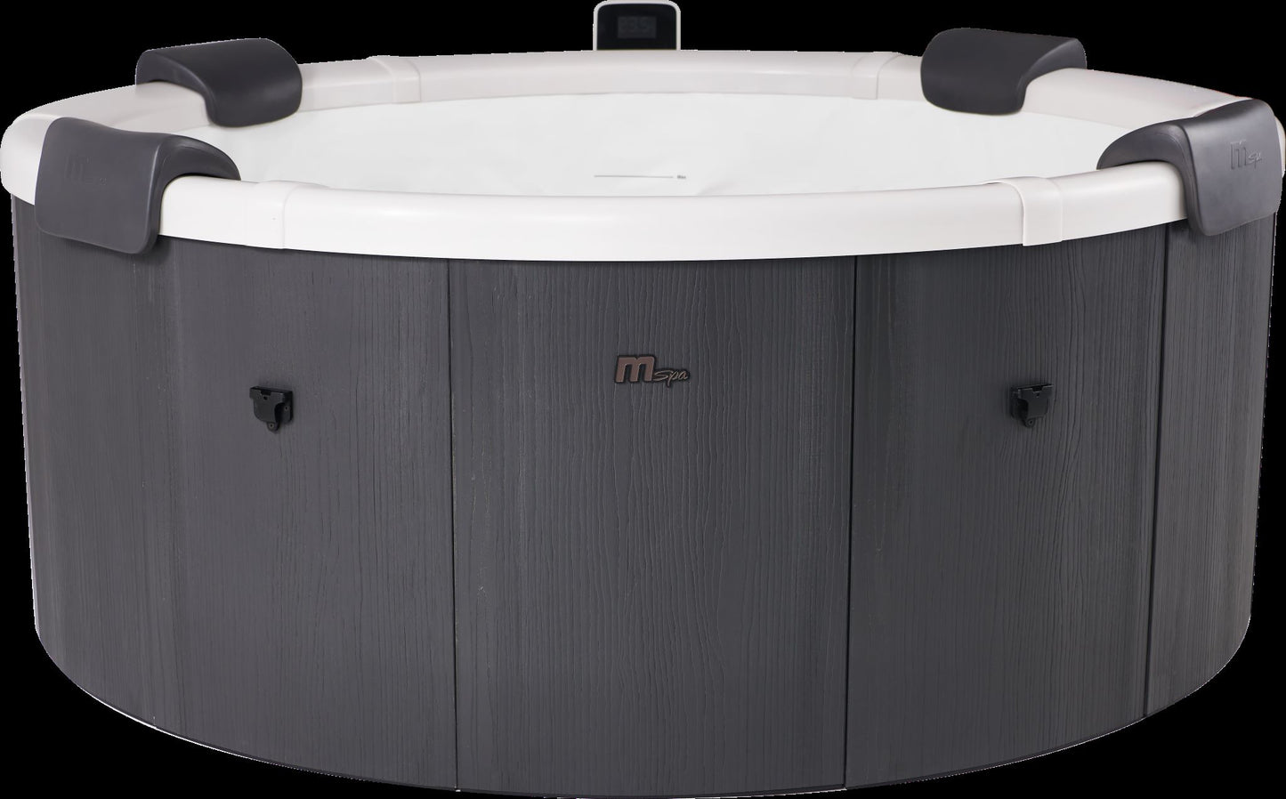 Hot tub with gray exterior and white interior on a black background