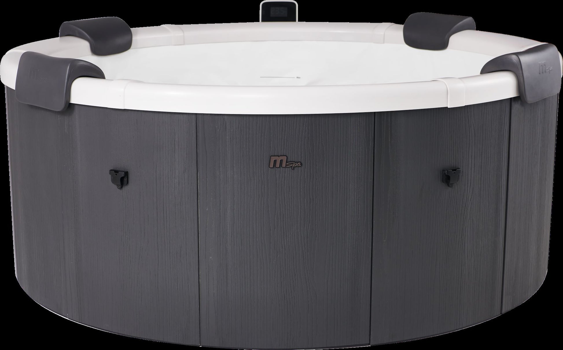 Hot tub with gray exterior and white interior on a black background