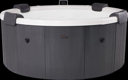 Hot tub with gray exterior and white interior on a black background
