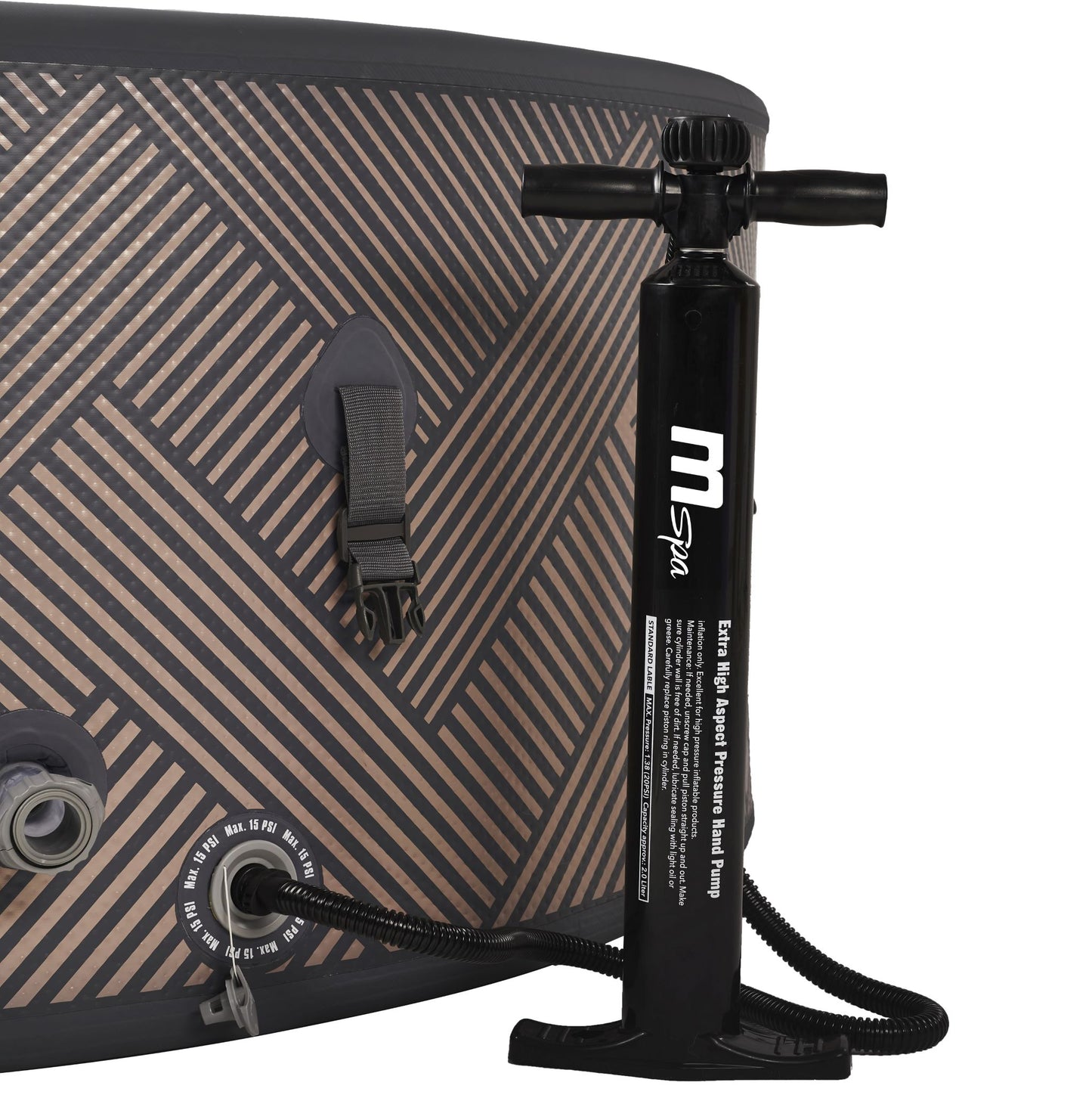 MSpa Black hot tub inflation pump attached to a black and brown striped hot tub on a white background. - Luxe Tub Source