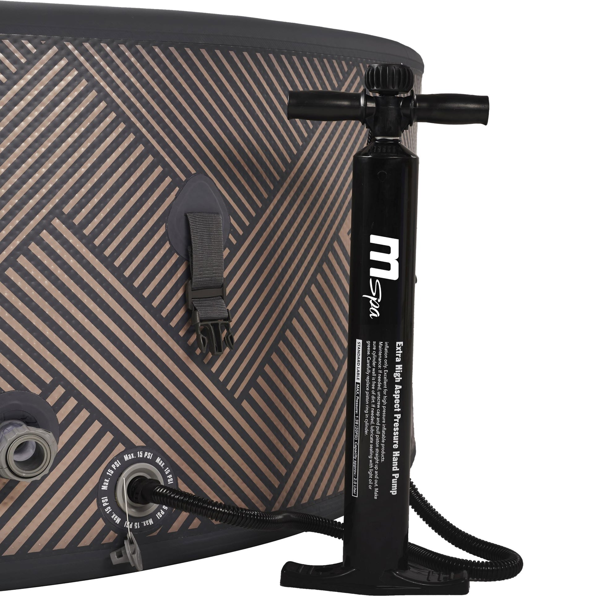 MSpa Black hot tub inflation pump attached to a black and brown striped hot tub on a white background. - Luxe Tub Source