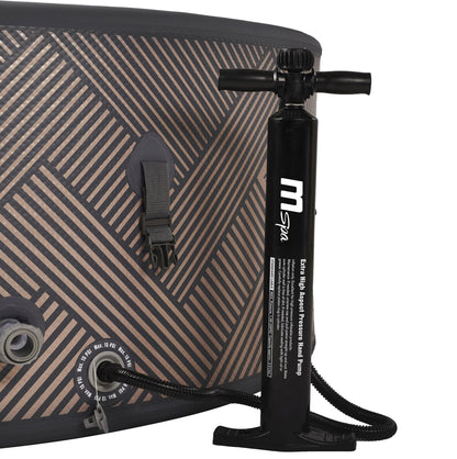 MSpa Black hot tub inflation pump attached to a black and brown striped hot tub on a white background. - Luxe Tub Source