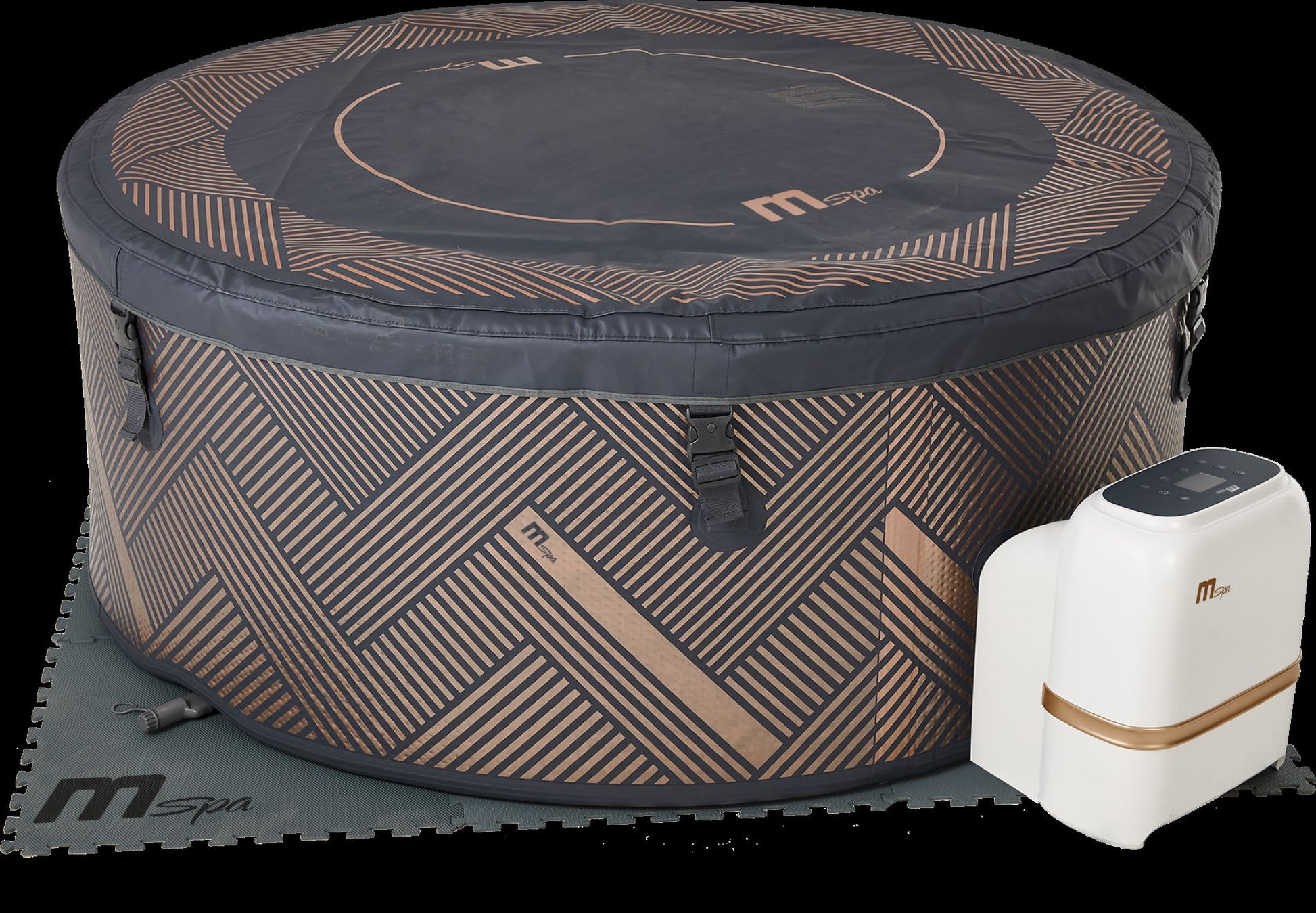 Mspa Portable hot tub with cover and control panel on a white background. - Luxe Tub Source