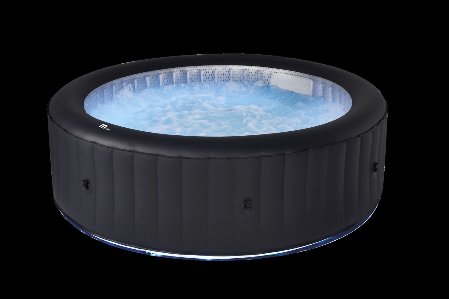 Inflatable hot tub with blue water on a black background