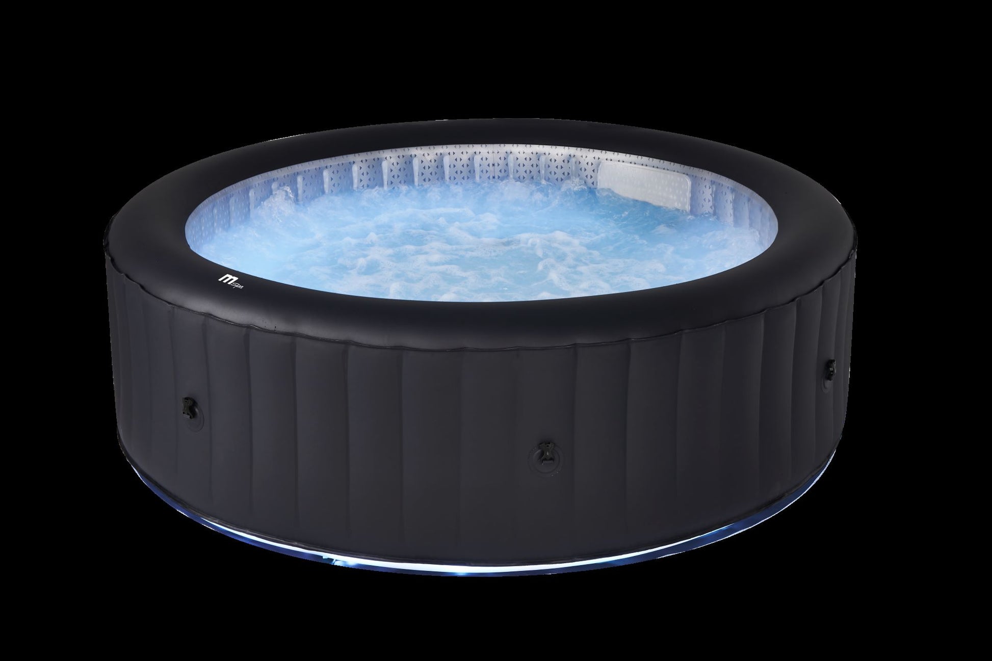 Inflatable hot tub with blue water on a black background