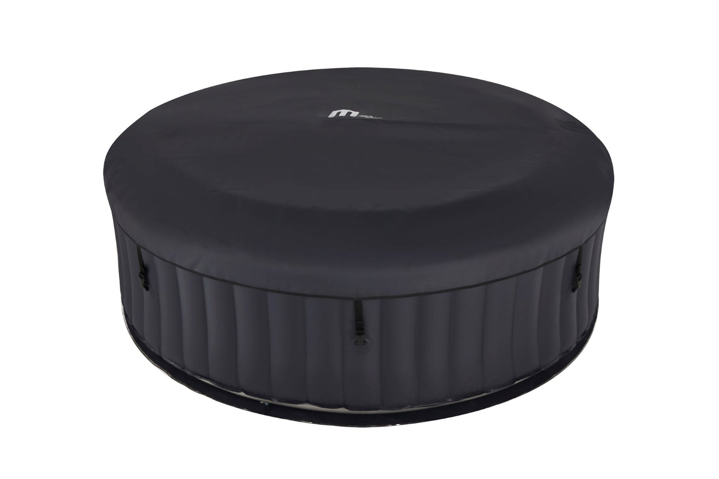 A black MSpa hot tub with a black hot tub cover on it. 