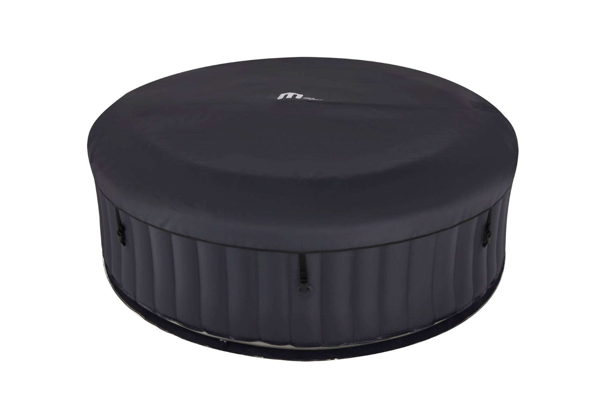 A black MSpa hot tub with a black hot tub cover on it. 