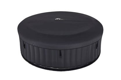A black MSpa hot tub with a black hot tub cover on it. 
