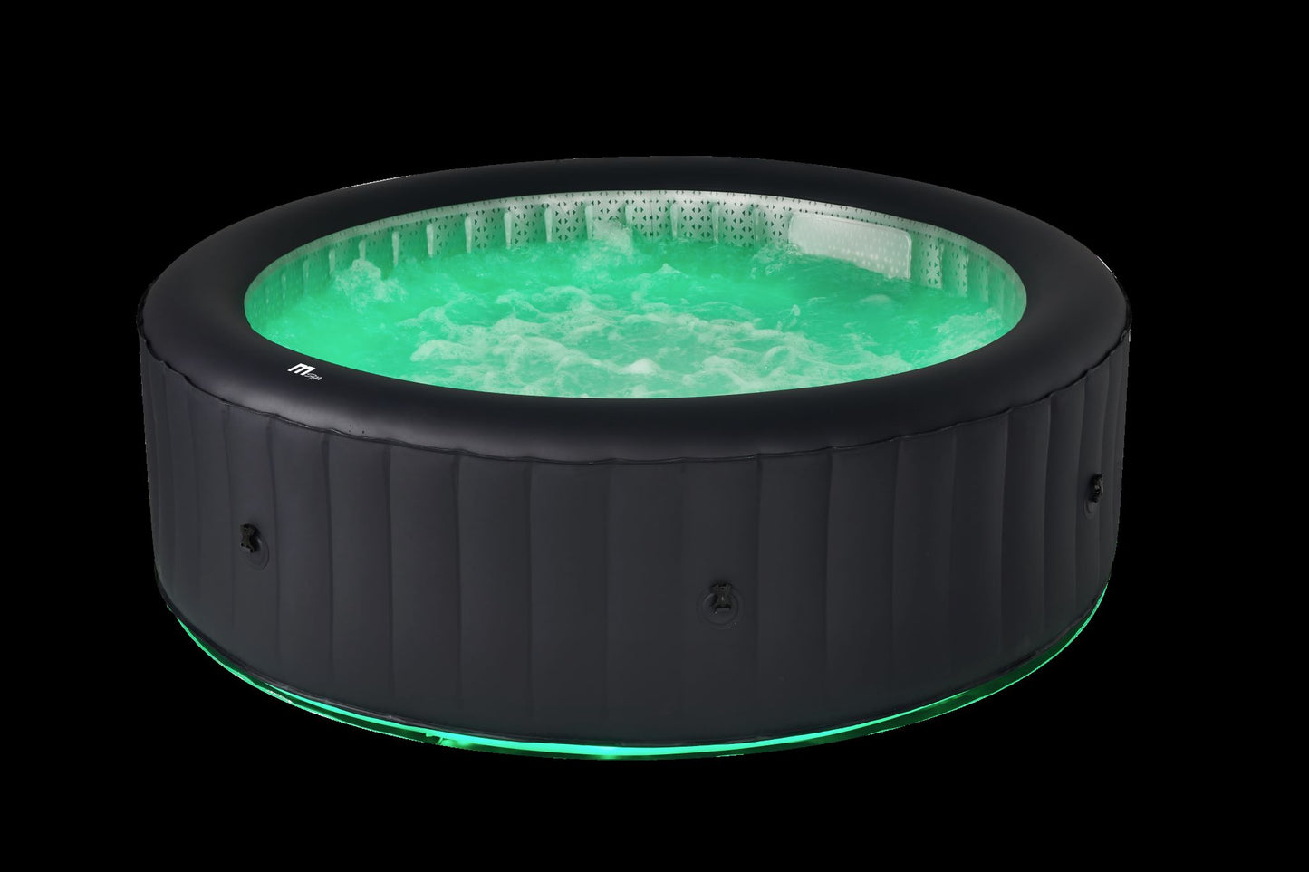 Inflatable hot tub with green water on a black background