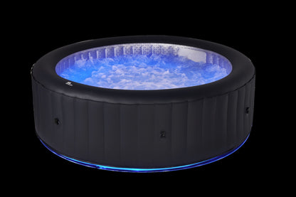 Inflatable hot tub with blue LED lights on a black background