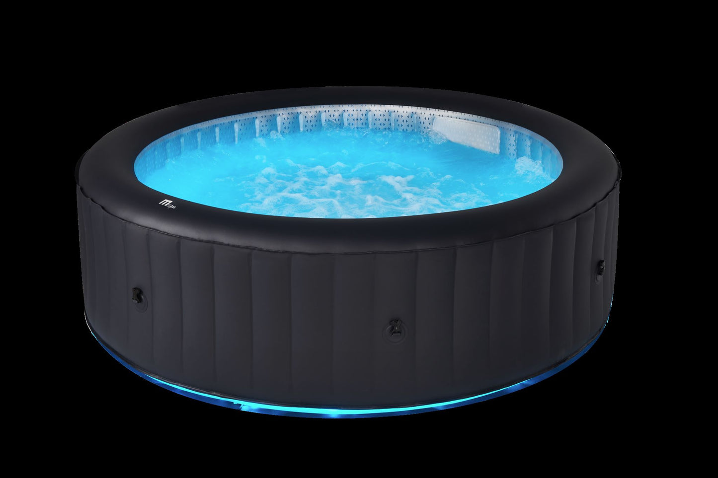 Inflatable hot tub with blue water on a black background