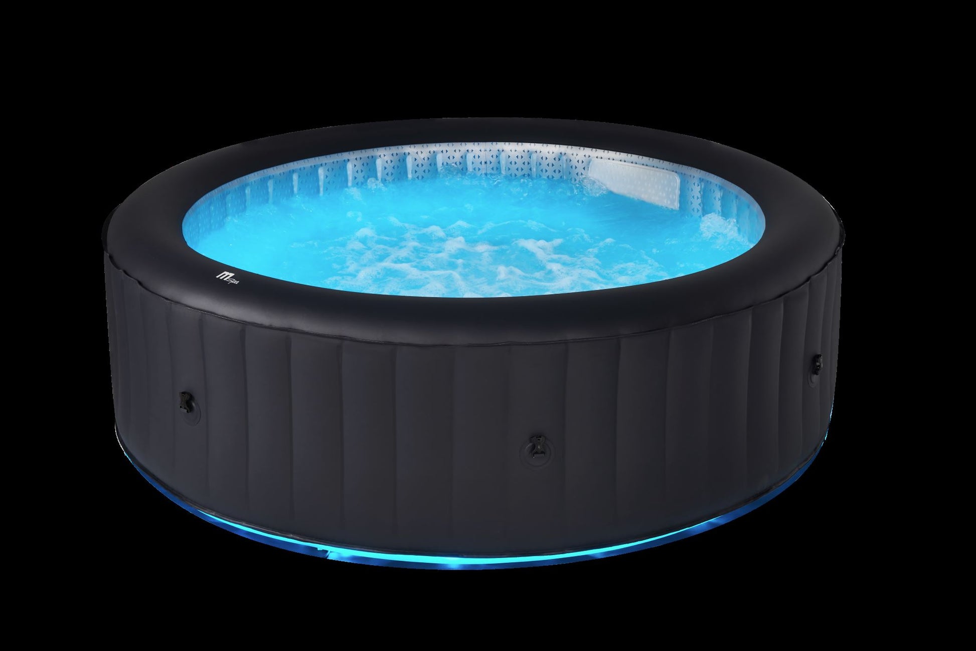 Inflatable hot tub with blue water on a black background