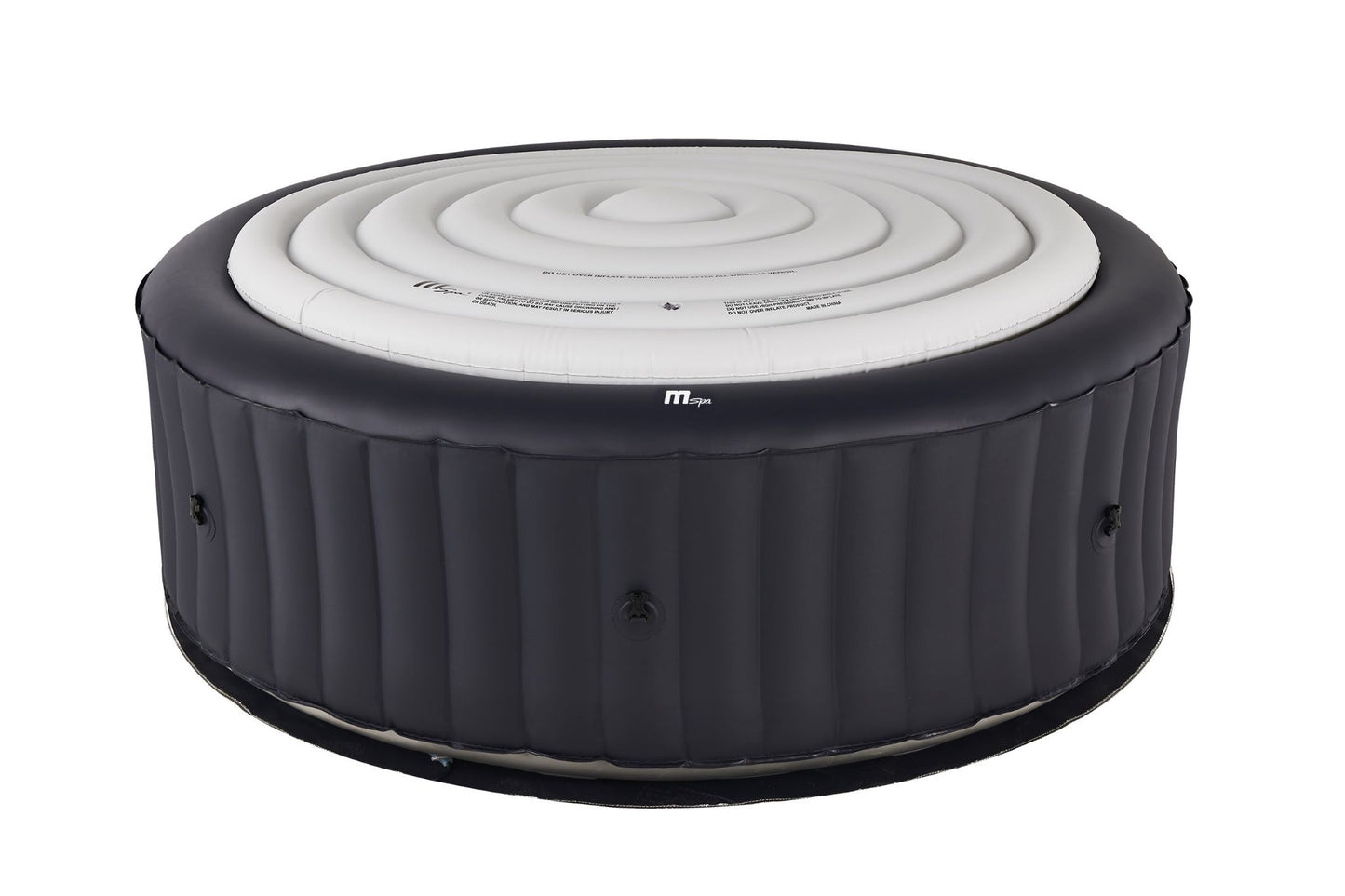 Inflatable Mspa hot tub with black exterior and white interior on a white background