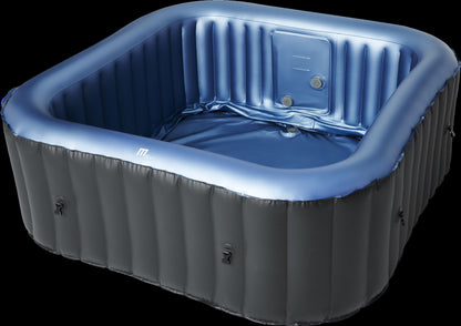 Mspa Inflatable hot tub with blue interior and black exterior on a black background. - Luxe Tub Source
