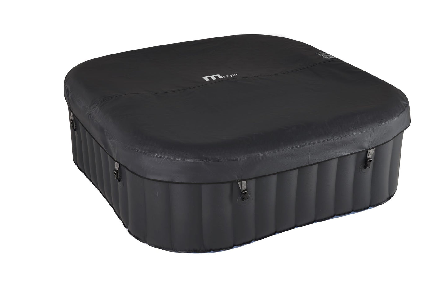 MSpa Black inflatable hot tub with the hot tub cover on.  - Luxe Tub Source