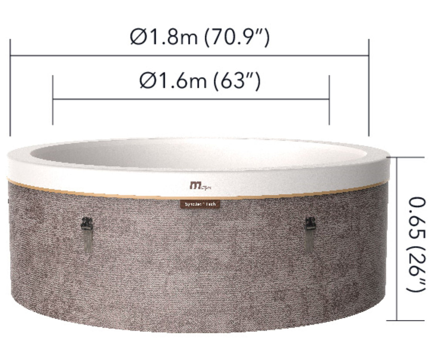 MSpa Round hot tub with dimensions labeled on a white background. - Luxe Tub Source