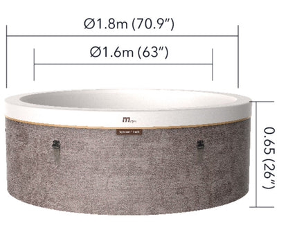MSpa Round hot tub with dimensions labeled on a white background. - Luxe Tub Source