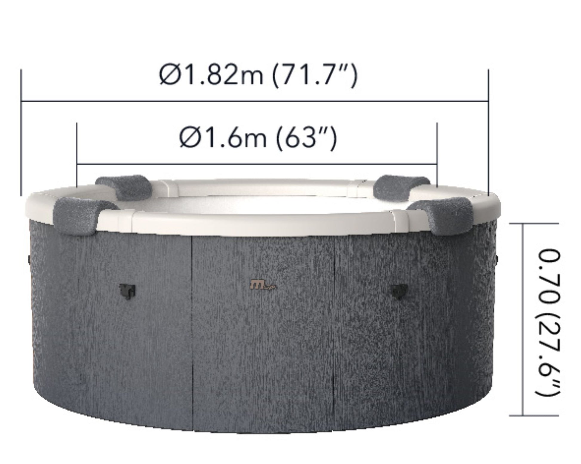 Measurement chart of a circular hot tub with dimensions labeled.