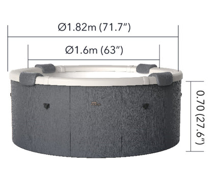 Measurement chart of a circular hot tub with dimensions labeled.