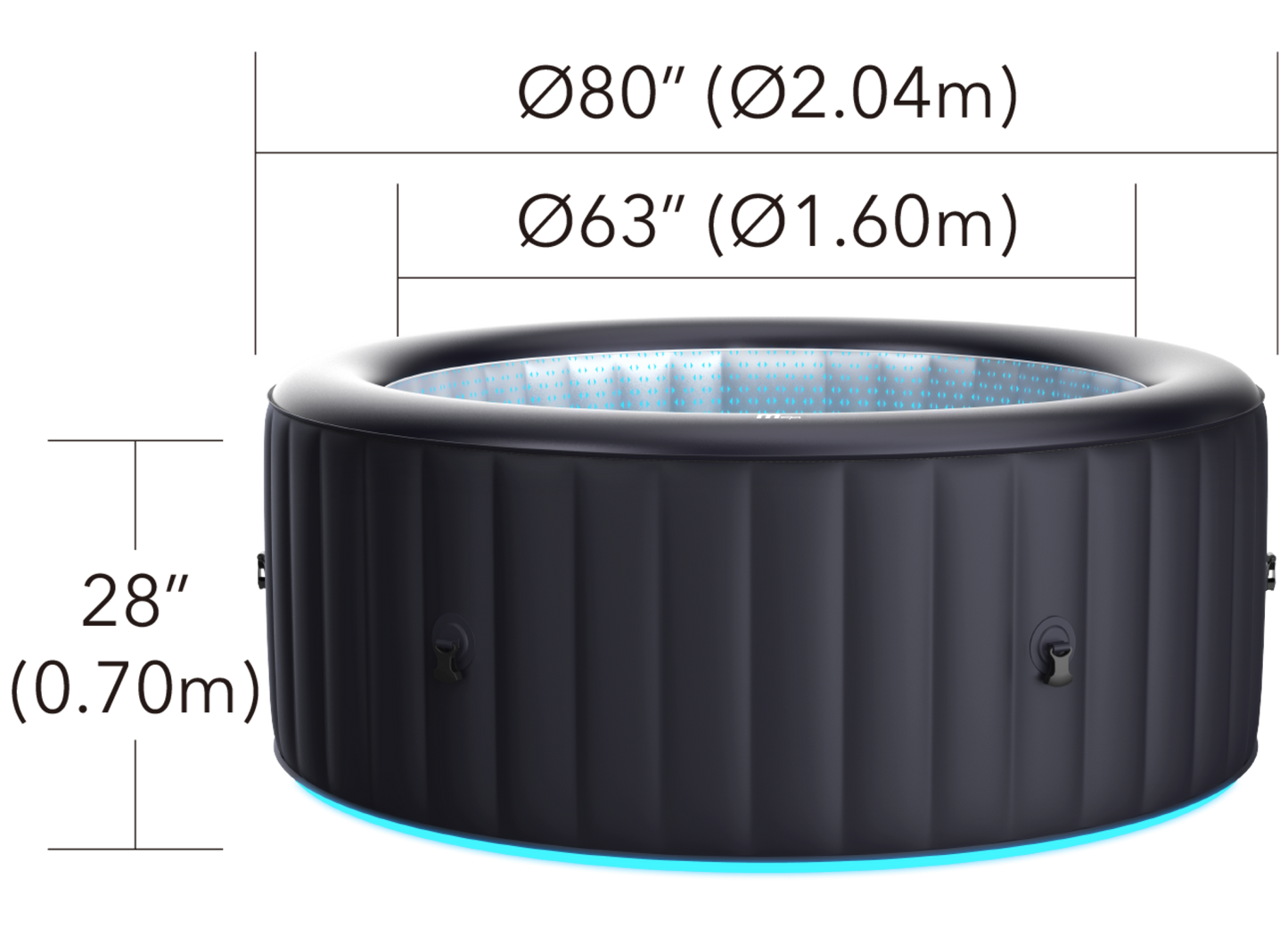 Inflatable hot tub with dimensions labeled on a white background
