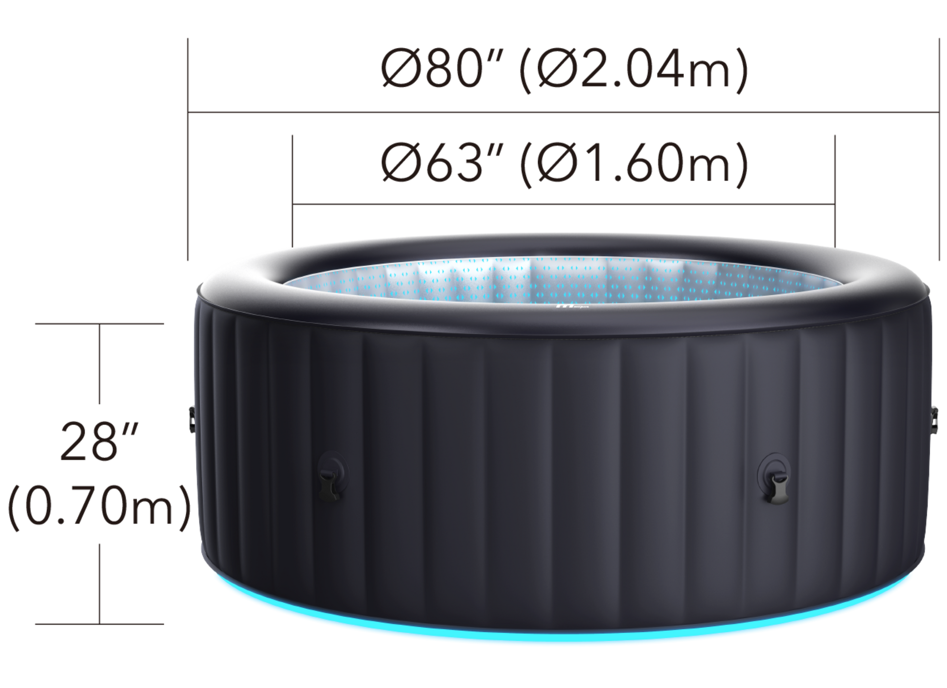 Inflatable hot tub with dimensions labeled on a white background