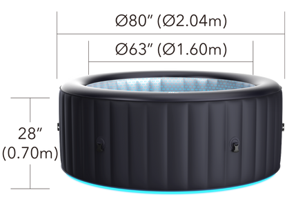 Inflatable hot tub with dimensions labeled on a white background