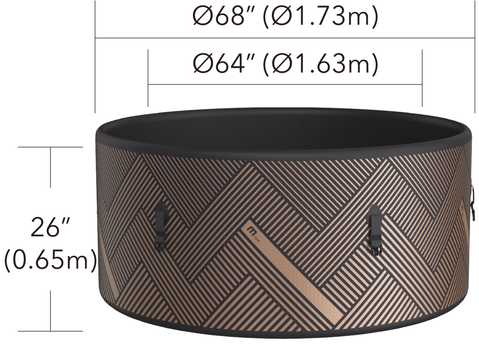 MSpa Round hot tub with geometric pattern and measurements on a white background. - Luxe Tub Source