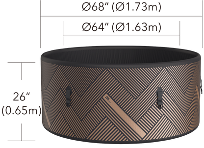 MSpa Round hot tub with geometric pattern and measurements on a white background. - Luxe Tub Source