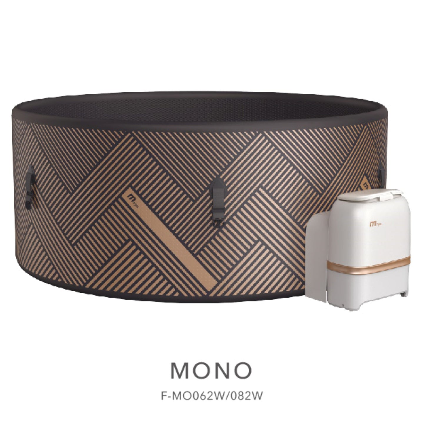 MSpa "Mono" Round hot tub with a geometric pattern and a white control unit. - Luxe Tub Source