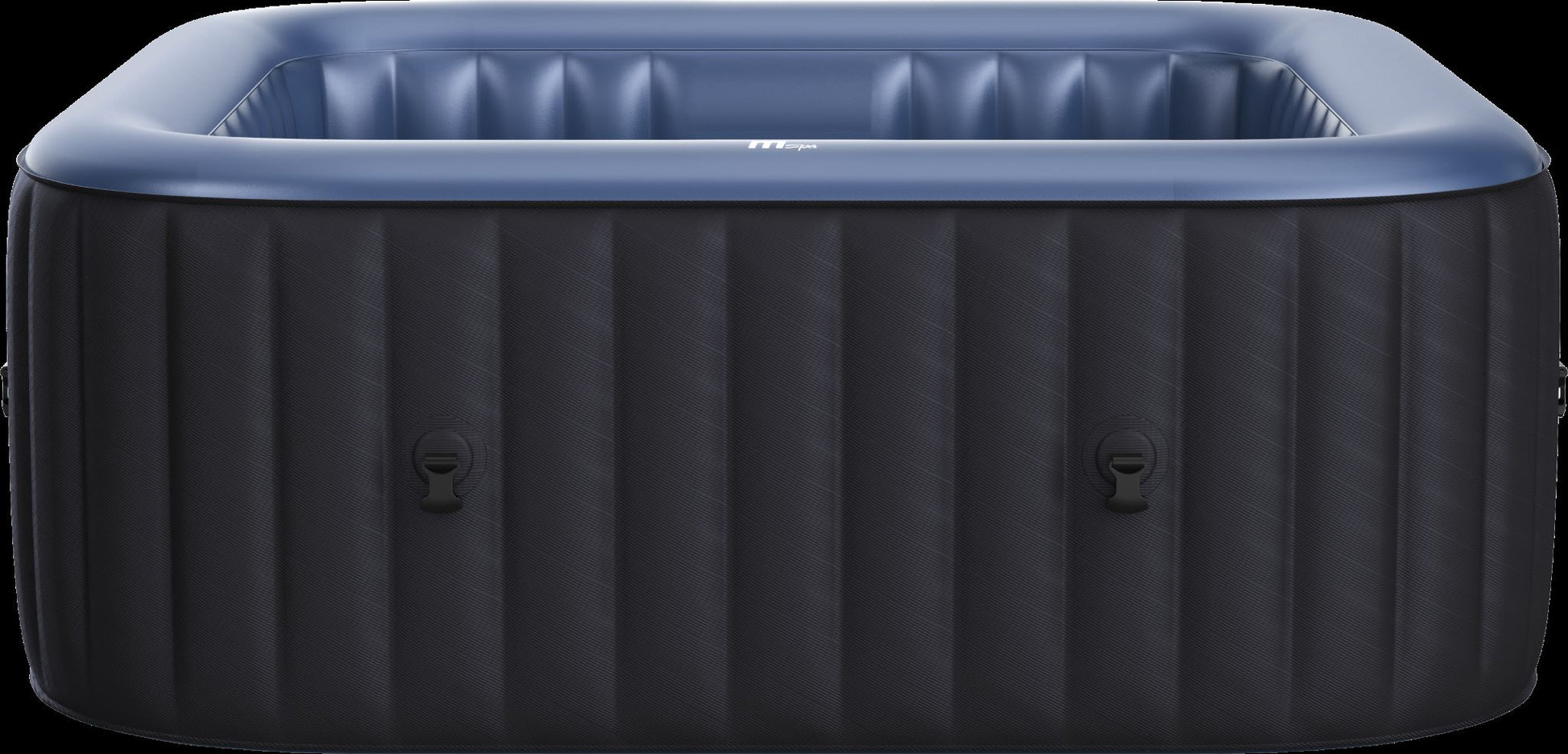 MSpa Inflatable hot tub with blue interior and black exterior on a black background. -Luxe Tub Source